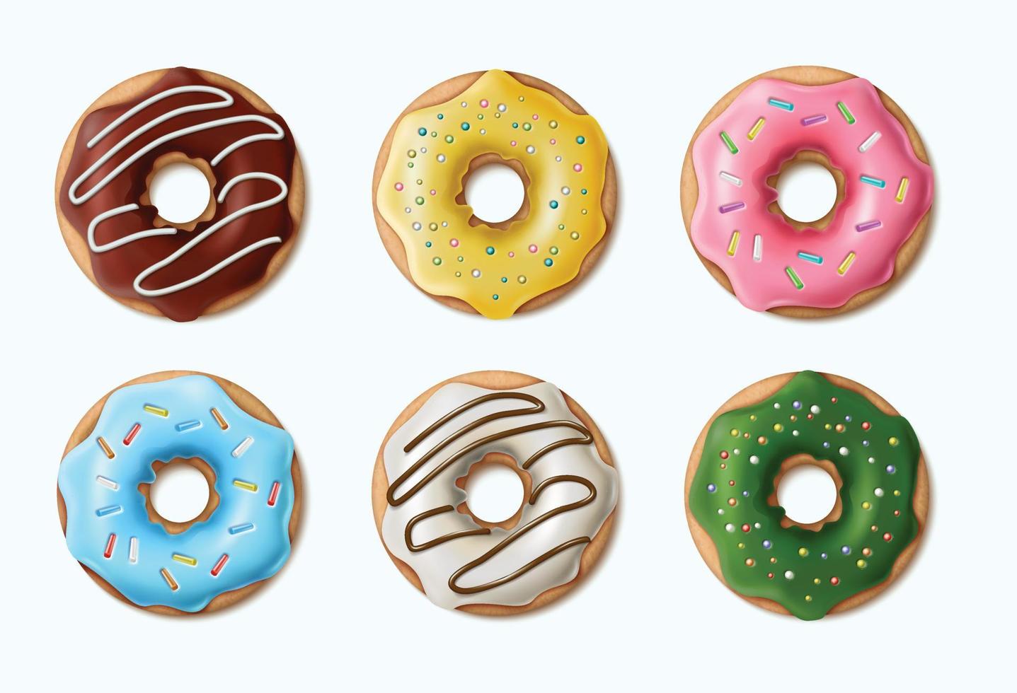 Colección vectorial realista en 3D de donuts coloridos, glaseados en chocolate. vector