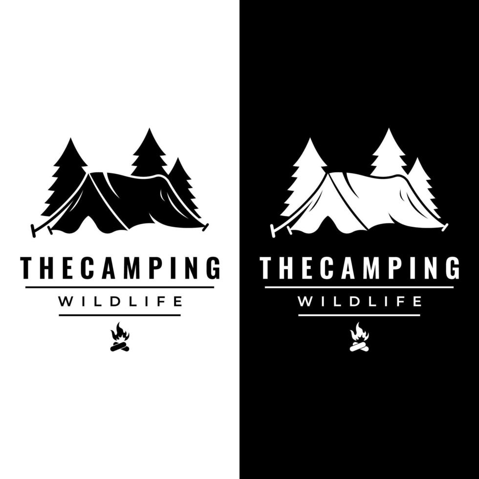 Vintage and retro outdoor camping or camping tent template logo.With tent, trees and campfire sign.Camping for adventurers, scouts, climbers. vector