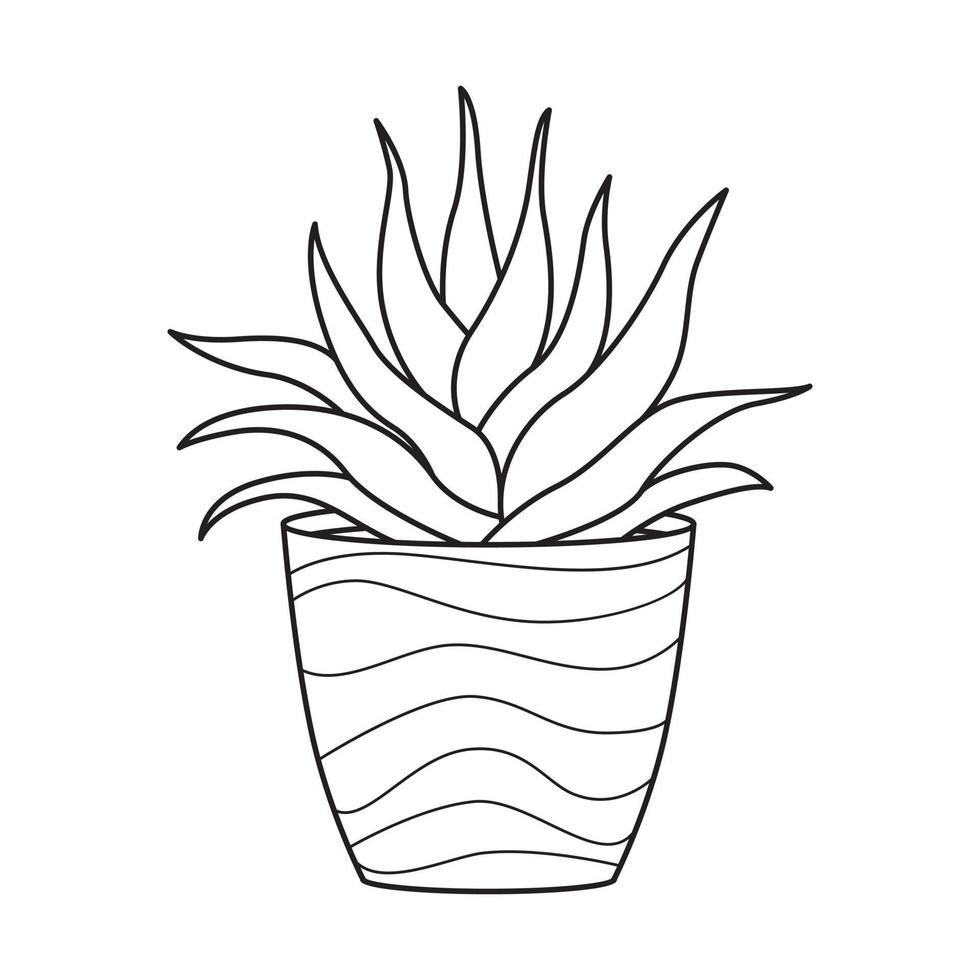 Vector outline aloe in pot. Indoor succulent plant with fleshy leaves. House plant for home and interior. Botanical doodle linear black and white illustration isolated on white background.