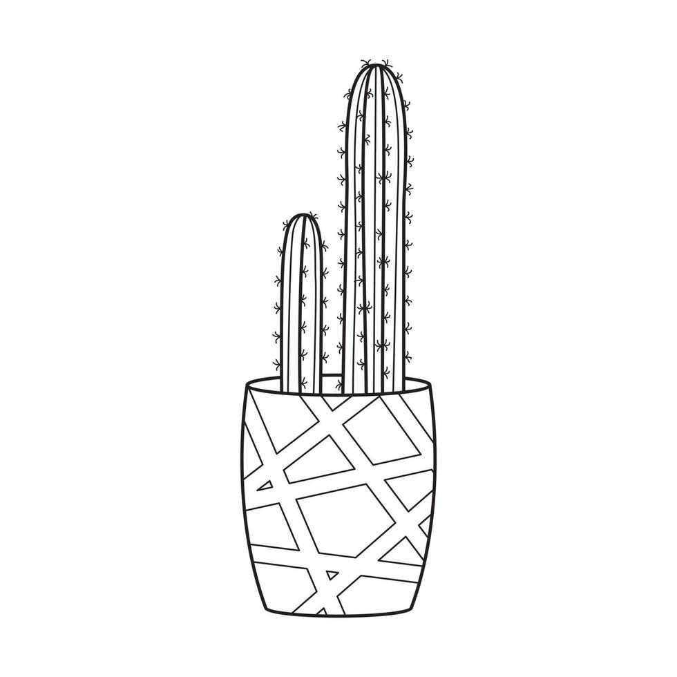 Vector outline cactus in pot. Indoor succulent plant with thorns. Cacti for home and interior. Botanical doodle linear black and white illustration isolated on white background.