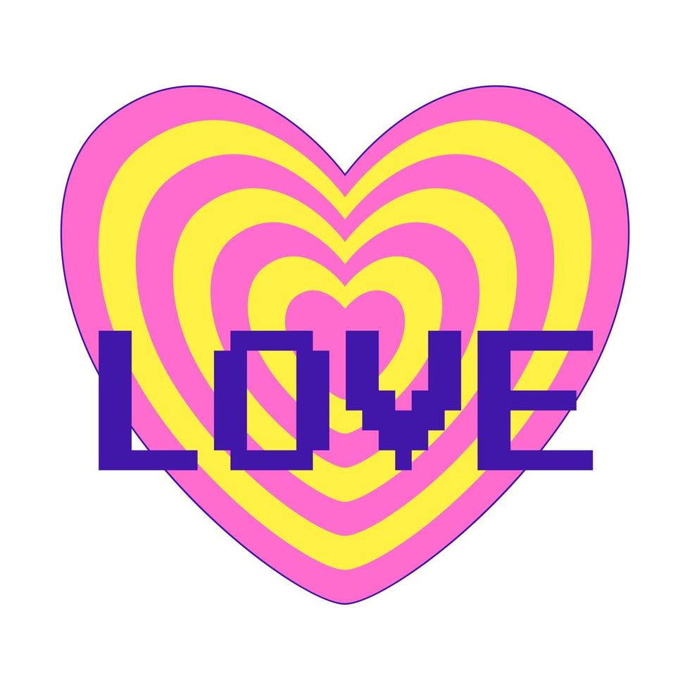 Sticker in Y2k style.Sticker in the shape of an offsetting heart with the word Love. Retro pixel font. Nostalgia for the 2000s. Simple flat vector illustration isolated on a white background