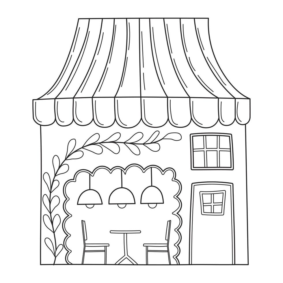 Simple cute cafe with a table, chairs and lampshades in doodle style. vector
