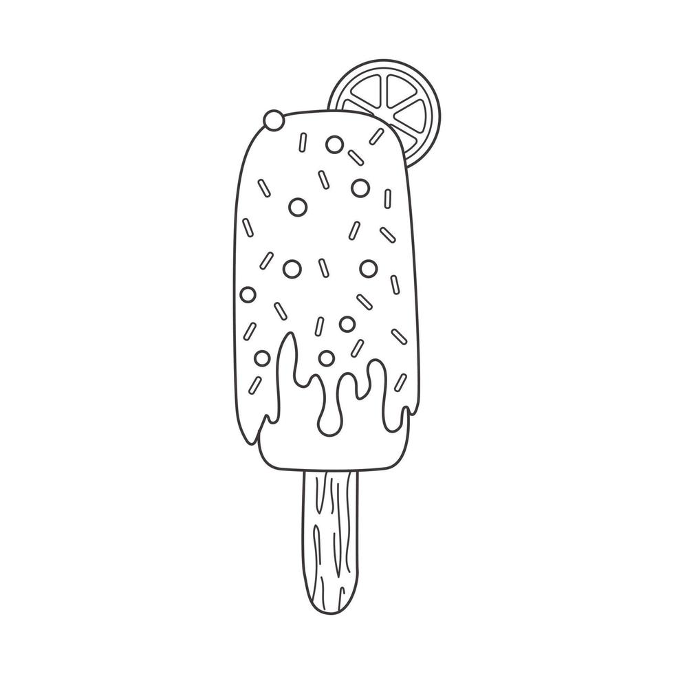 Outline popsicle on a stick with a slice of citrus, glaze and sprinkles. Dairy cold dessert. Seasonal sweet food. Black and white doodle hand drawn Vector illustration isolated on white.