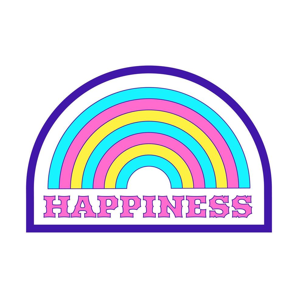 Girly Y2K patch. A sticker with a rainbow and the word Happiness. Text graphic element in bright acid colors. Nostalgia for the 2000s. Simple vector illustration isolated on a white