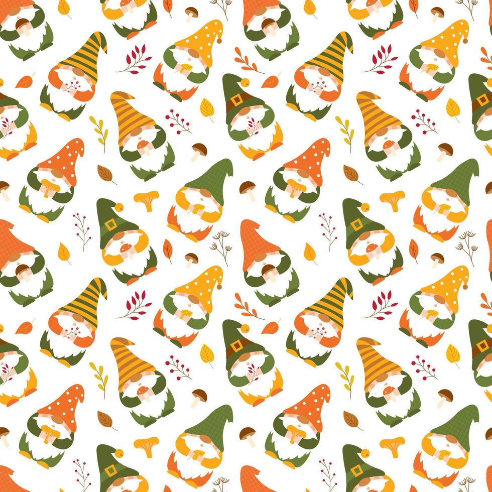 Seamless pattern with cute autumn gnomes holding mushroom, leaves, twigs in their hands. Backdrop of cartoon forest dwarfs for wrapping paper, wallpaper, textile. Vector characters on white