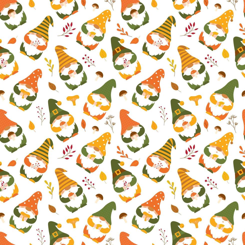 Seamless pattern with cute autumn gnomes holding mushroom, leaves, twigs in their hands. Backdrop of cartoon forest dwarfs for wrapping paper, wallpaper, textile. Vector characters on white