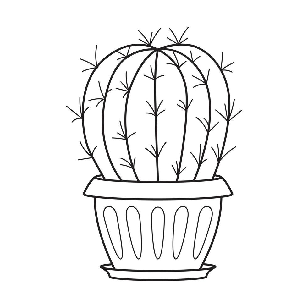 Vector outline cactus in pot. Indoor succulent plant with thorns. Cacti for home and interior. Botanical doodle linear black and white illustration isolated on white background.