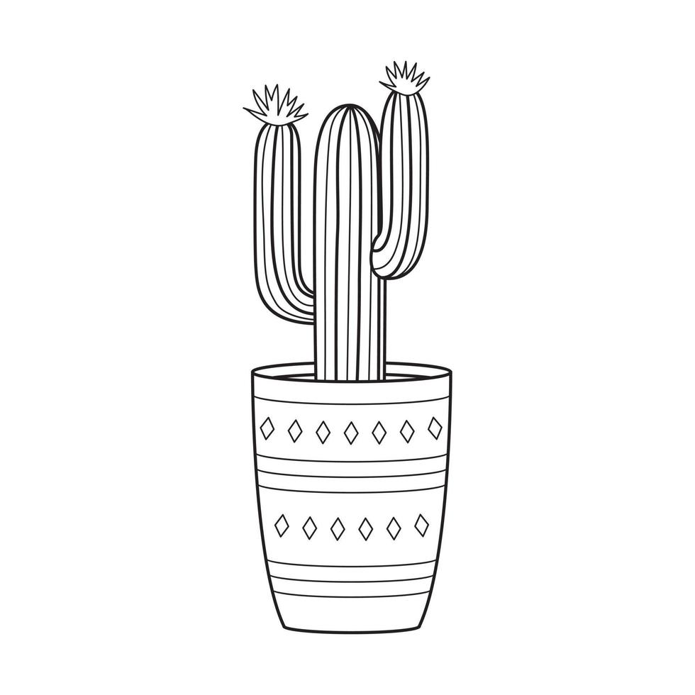 Vector outline cactus in pot. Indoor succulent plant with thorns. Cacti for home and interior. Botanical doodle linear black and white illustration isolated on white background.