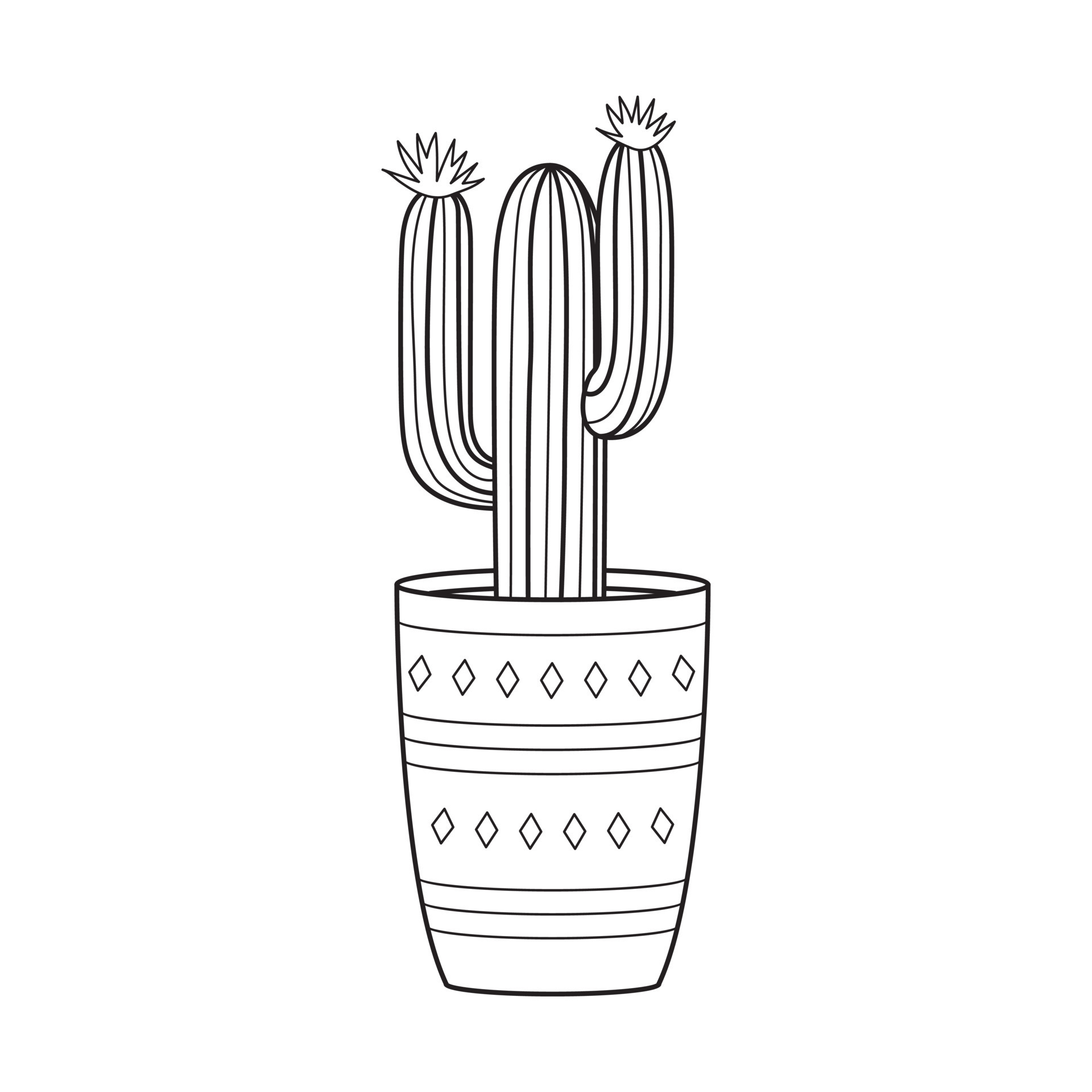 Vector outline cactus in pot. Indoor succulent plant with thorns. Cacti