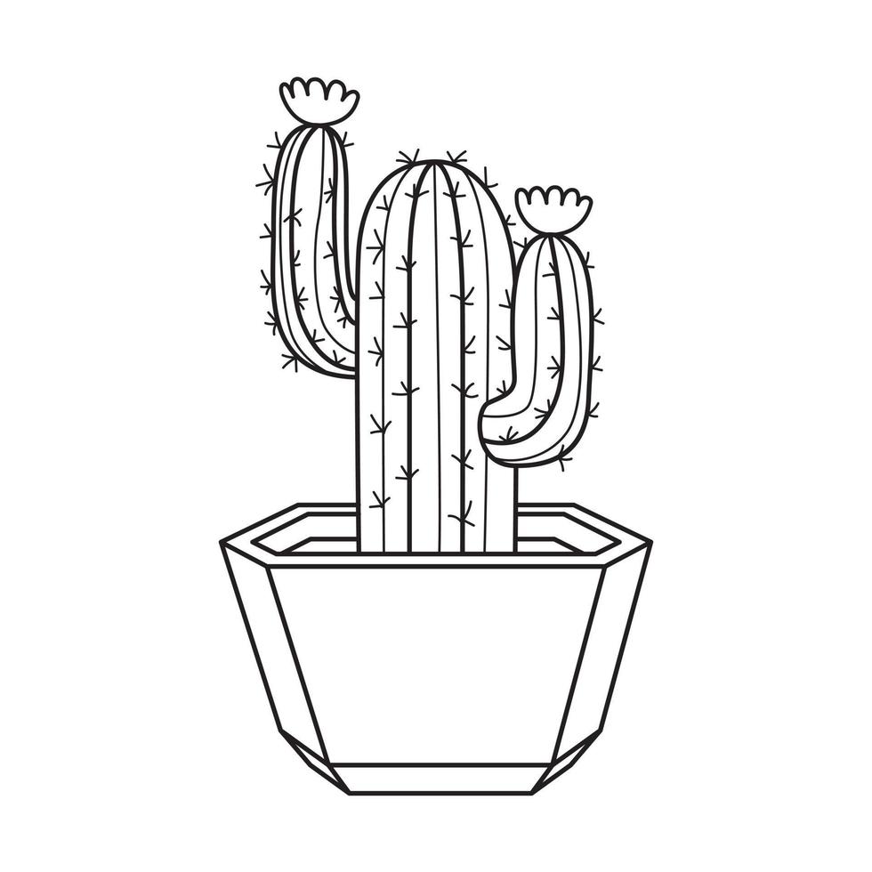 Vector outline cactus in pot. Indoor succulent plant with thorns and flowers. Cacti for home and interior. Botanical doodle linear black and white illustration isolated on white background.