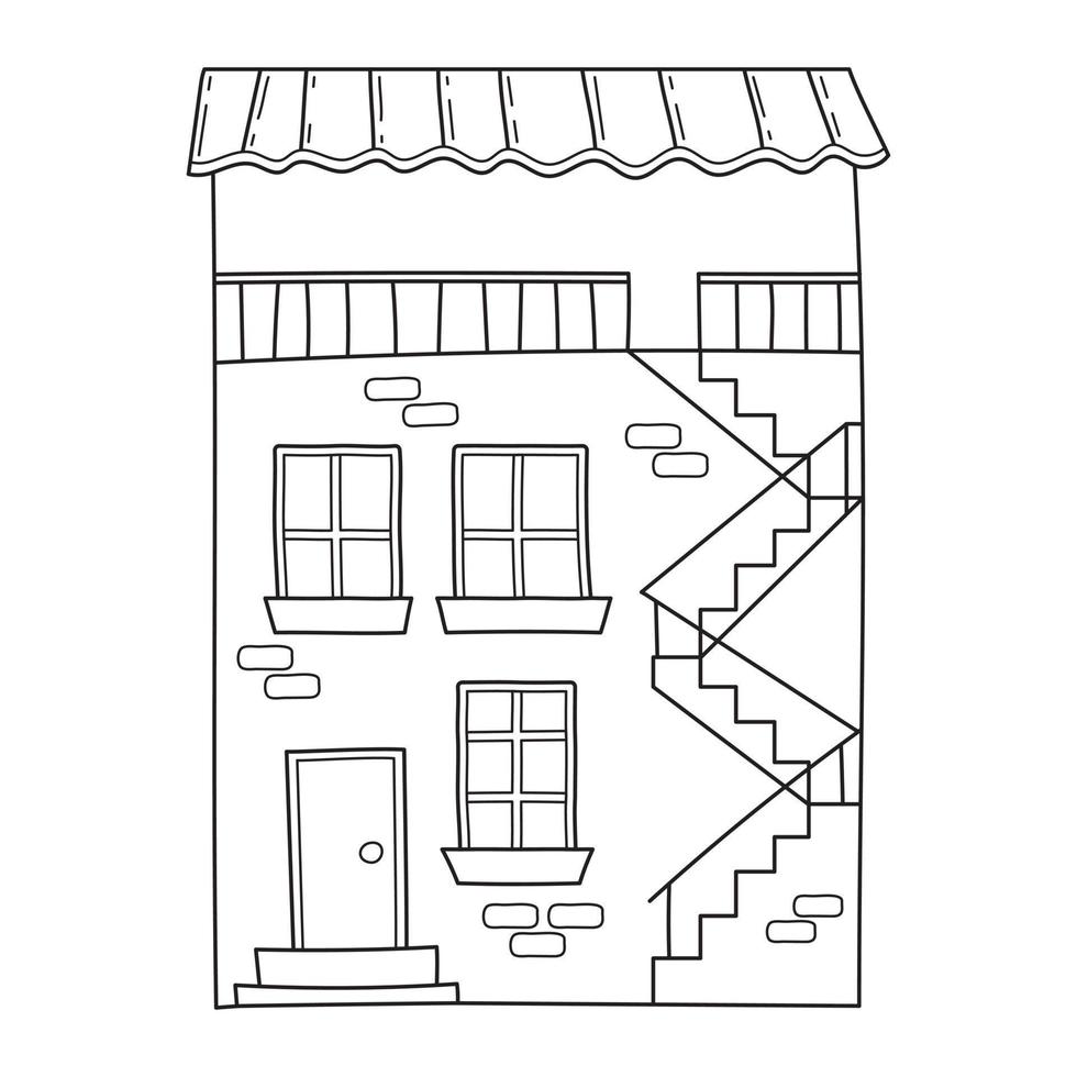 Simple two-storied house with brick wall and stairs in doodle style vector