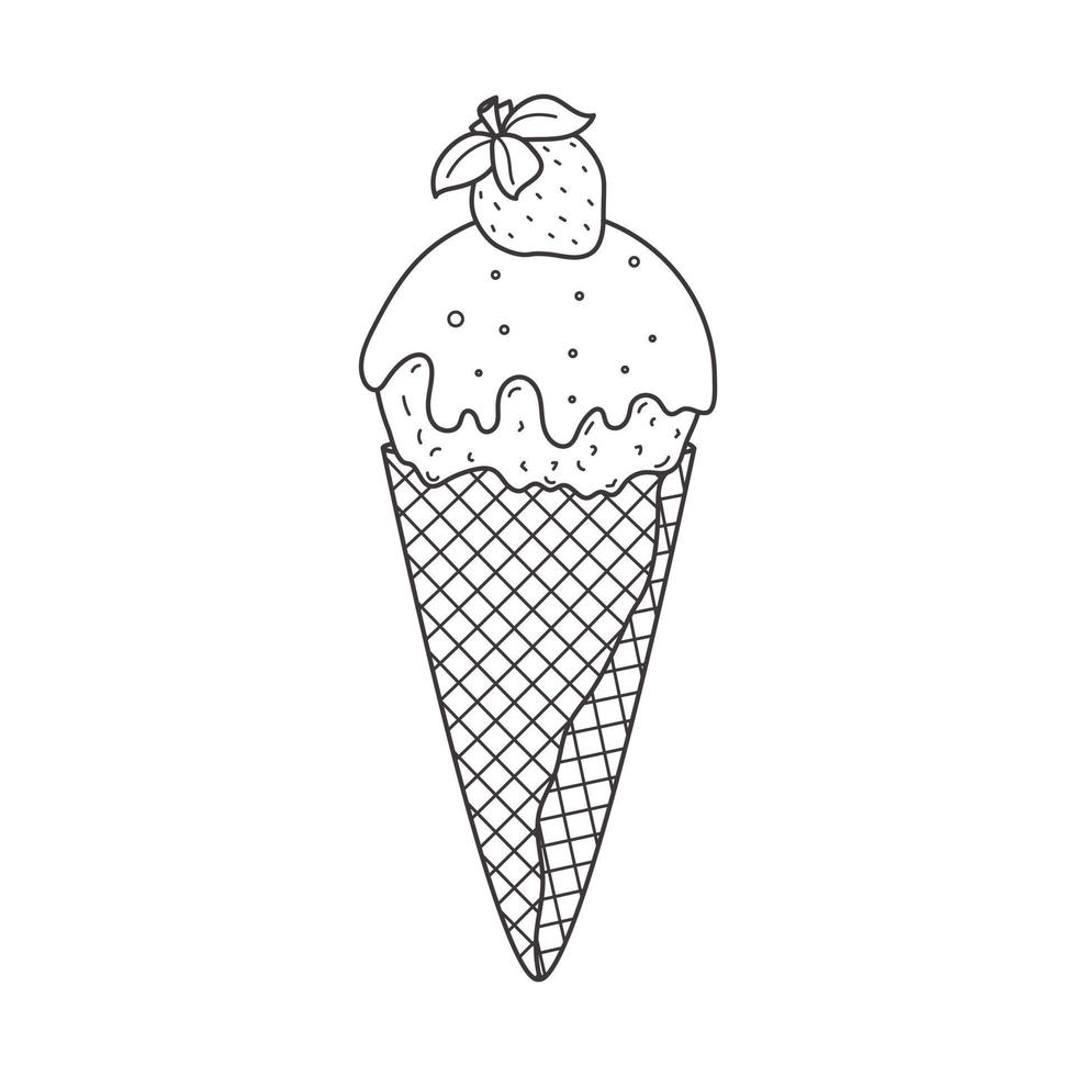 Outline ice cream in a waffle cone with icing, glaze and strawberry. Summer sweet food. Delicious frozen dessert. Vector linear doodle Hand drawn black and white illustration isolated on white