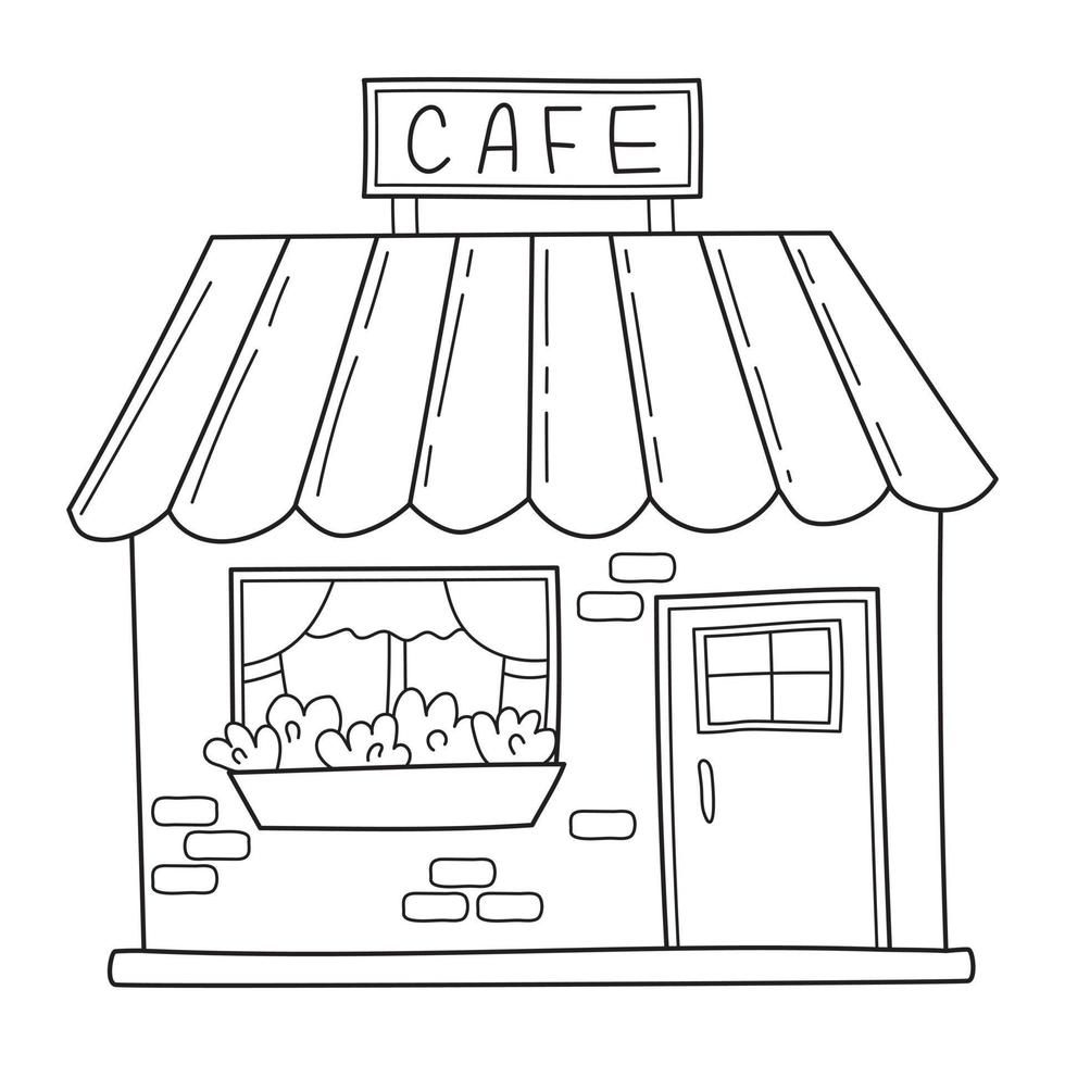 Simple cute cafe with window and flowerbed in sketch doodle style. vector