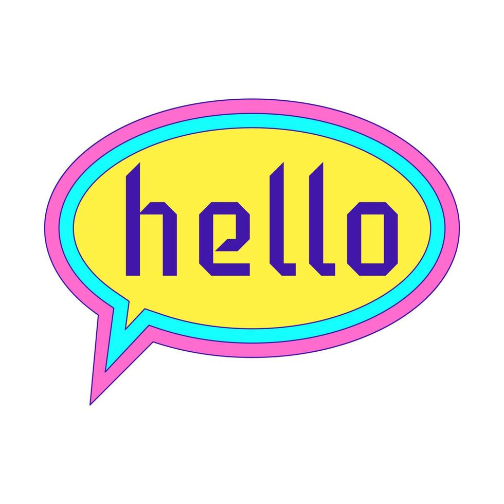 Y2K sticker in the form of a speech bubble with a colored outline and the word Hello. Text graphic element in bright acid colors. Nostalgia for the 2000s. Simple vector illustration isolated on white