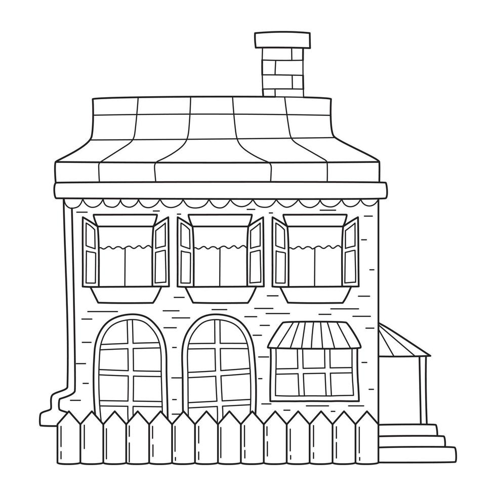 Two-storey building with a porch, fence and chimney in doodle style vector