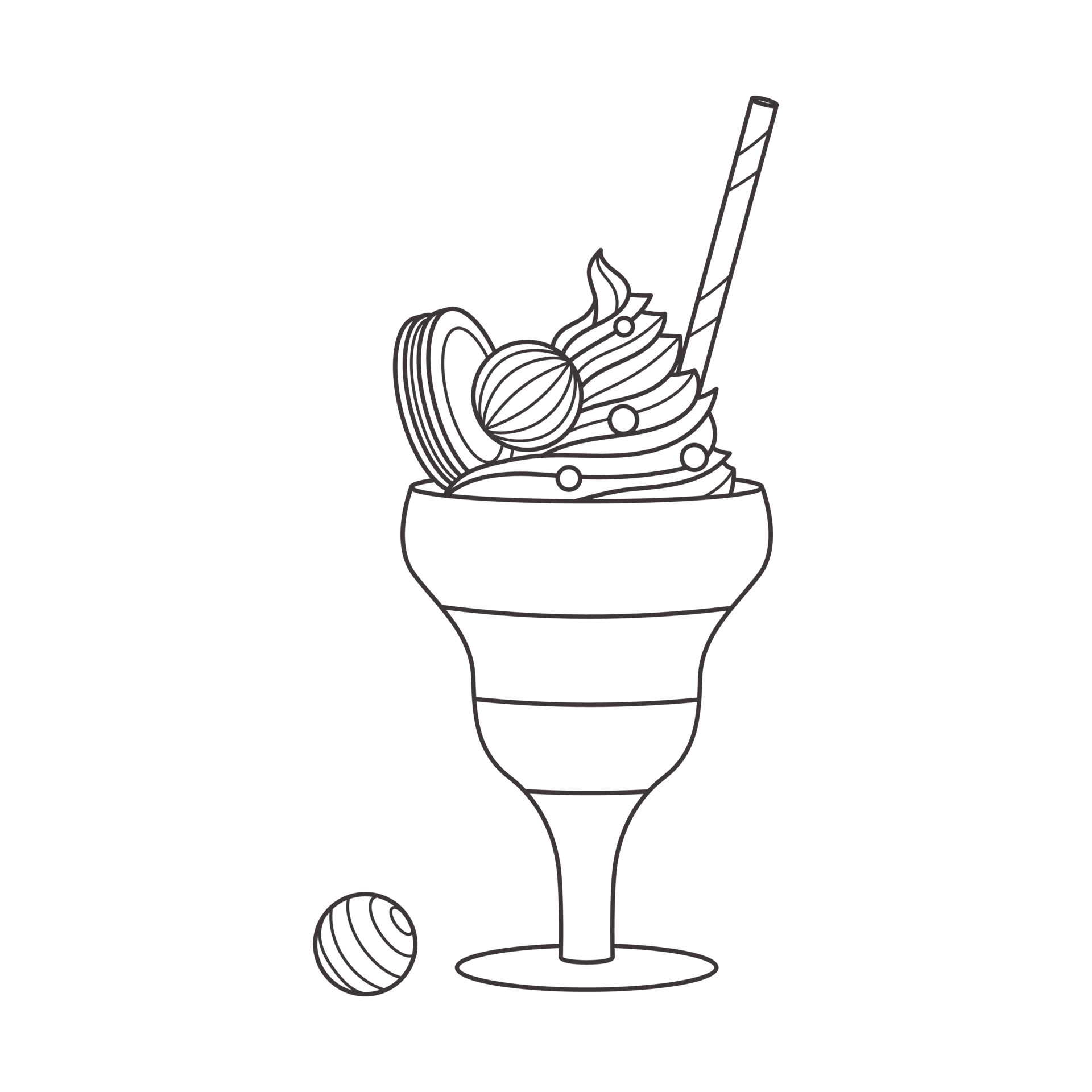 Outline whipped Ice cream with cookie, candy and straw in a cream bowl.  Dairy cold dessert. Seasonal sweet food. black and white doodle hand drawn  Vector illustration isolated on white. background 14171294