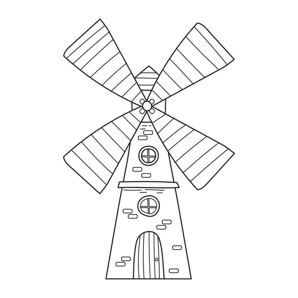 un antiguo molino con paredes de ladrillo y una puerta en forma de garabato. vector