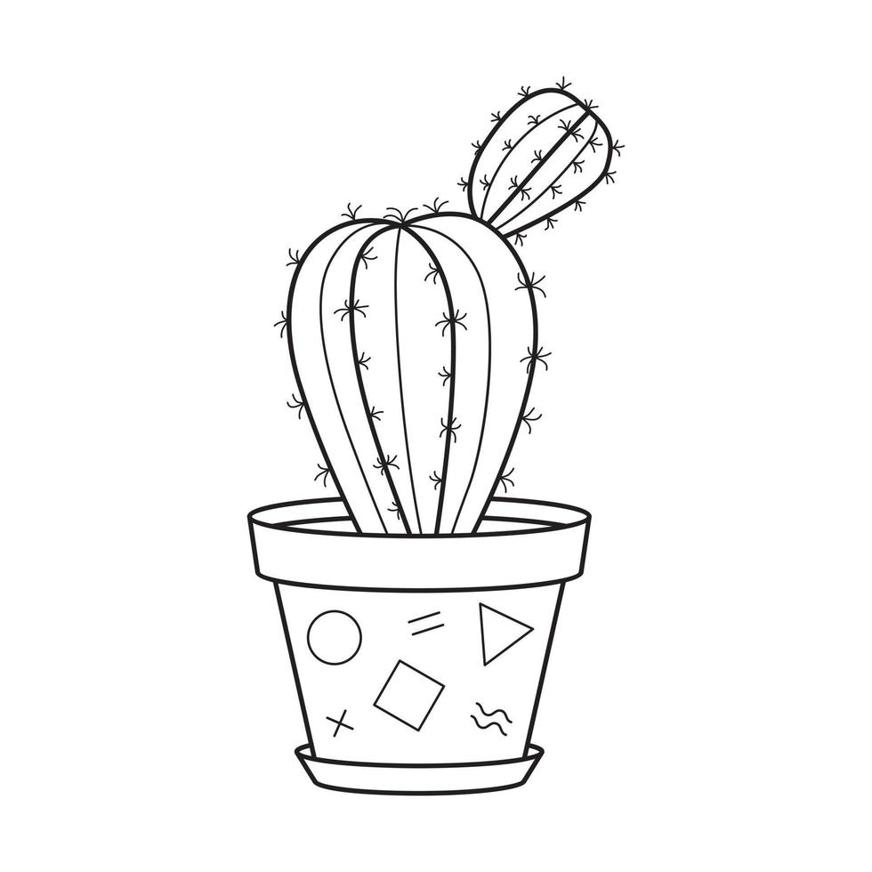 Vector outline cactus in pot. Indoor succulent plant with thorns. Cacti for home and interior. Botanical doodle linear black and white illustration isolated on white background.