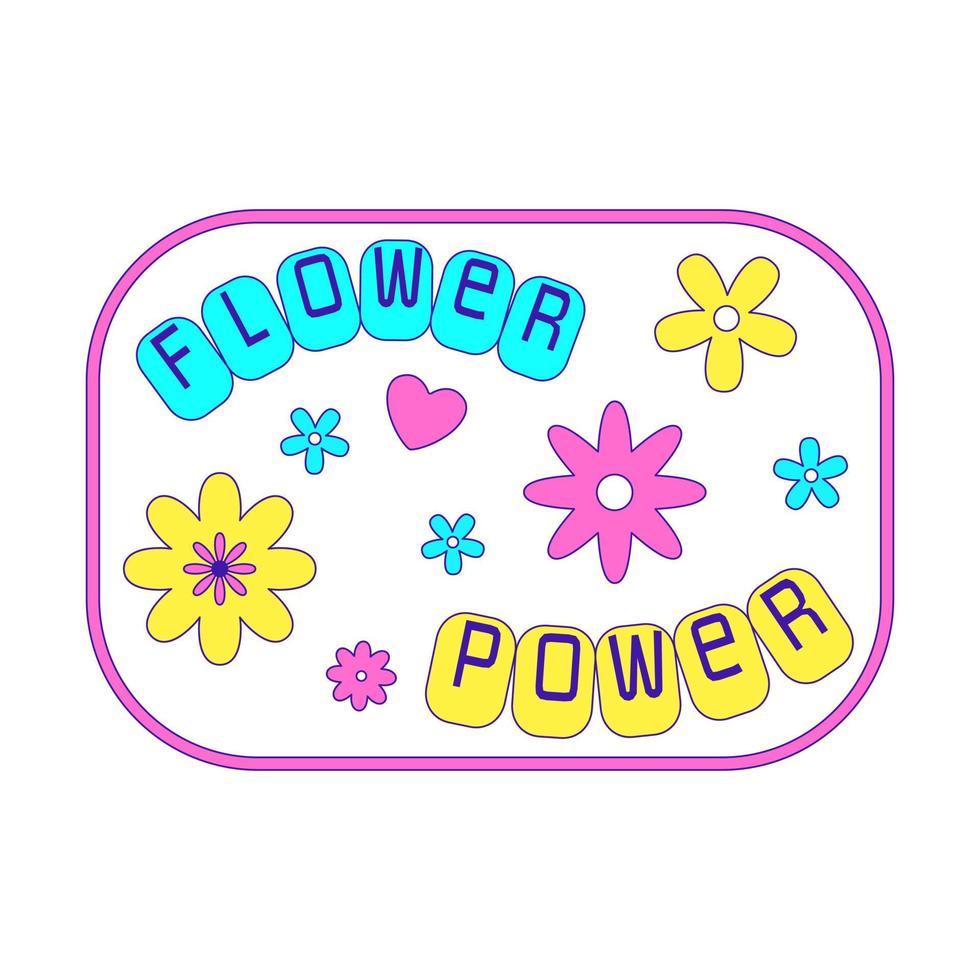 Girly Y2K patch. A sticker in the shape of a rounded rectangle with flowers and the words Flower power. Text graphic element in bright acid colors. Simple vector illustration isolated on a white