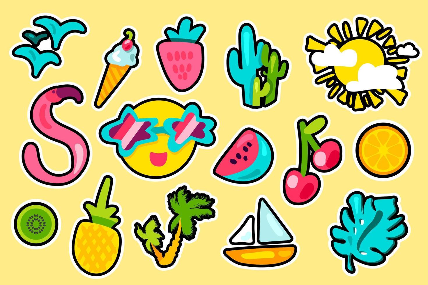 Tropical summer color vector stickers set