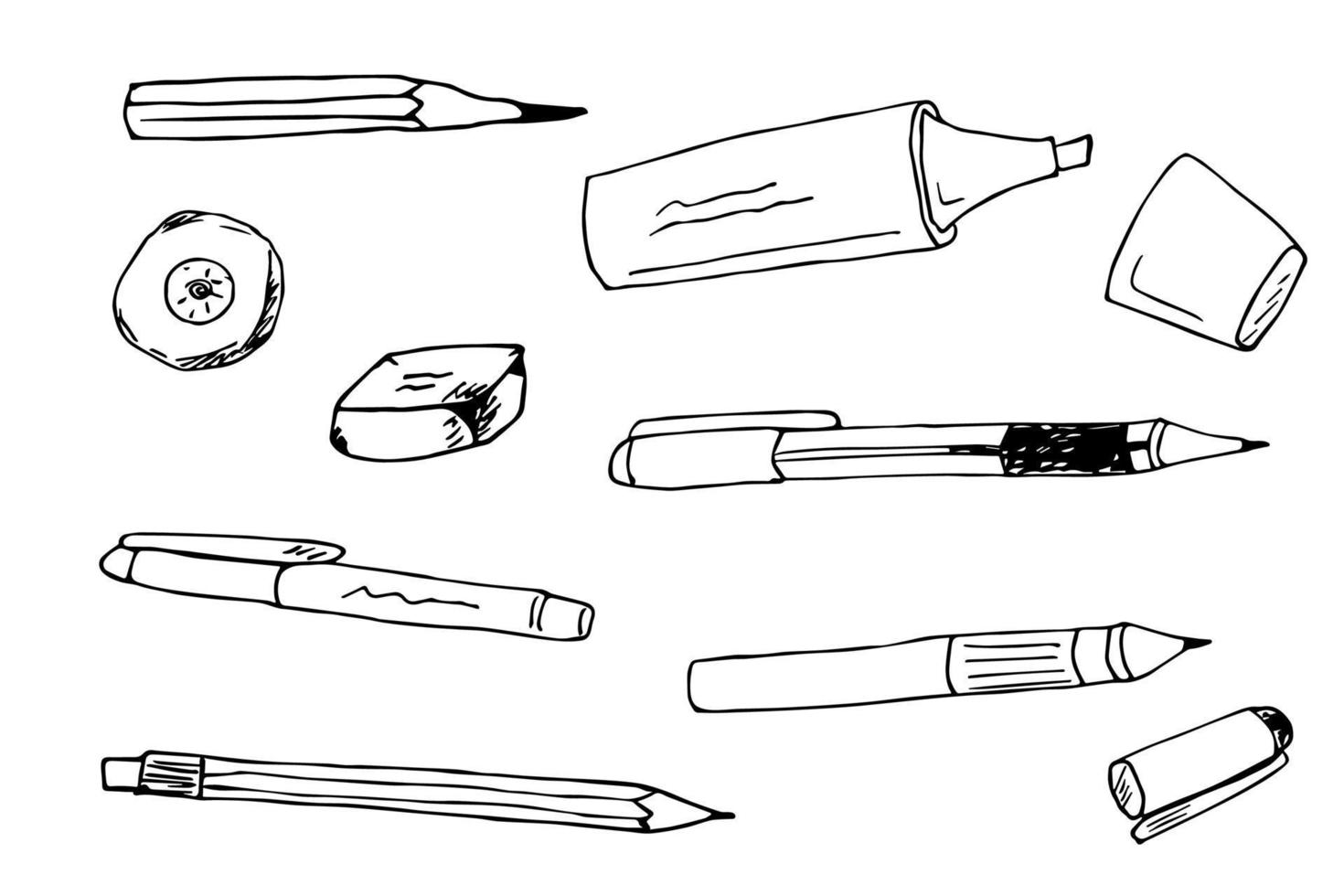 conjunto de imágenes prediseñadas de pluma, lápiz y borrador vectorial. dibujado a mano ilustración de suministros de oficina vector