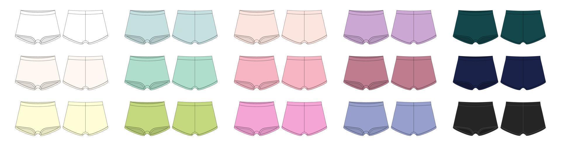 Set of blank girls knickers technical sketch. Diffirent colors. Lady lingerie collection. Female underpants bundle. Women casual panties isolated template. vector