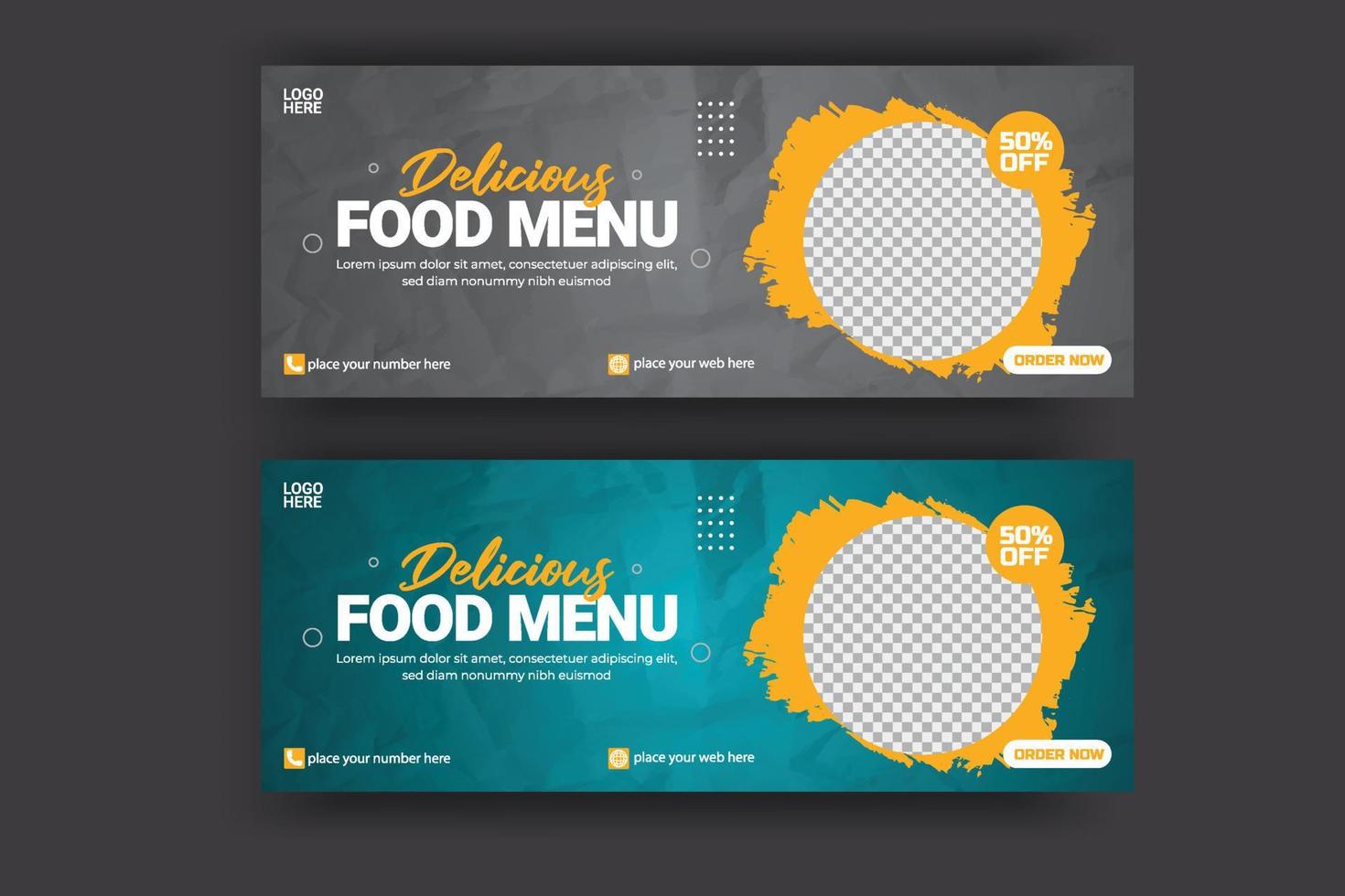 banner de portada de redes sociales publicidad de alimentos plantilla de oferta de venta de descuento diseño de publicación de portada de alimentos de redes sociales vector