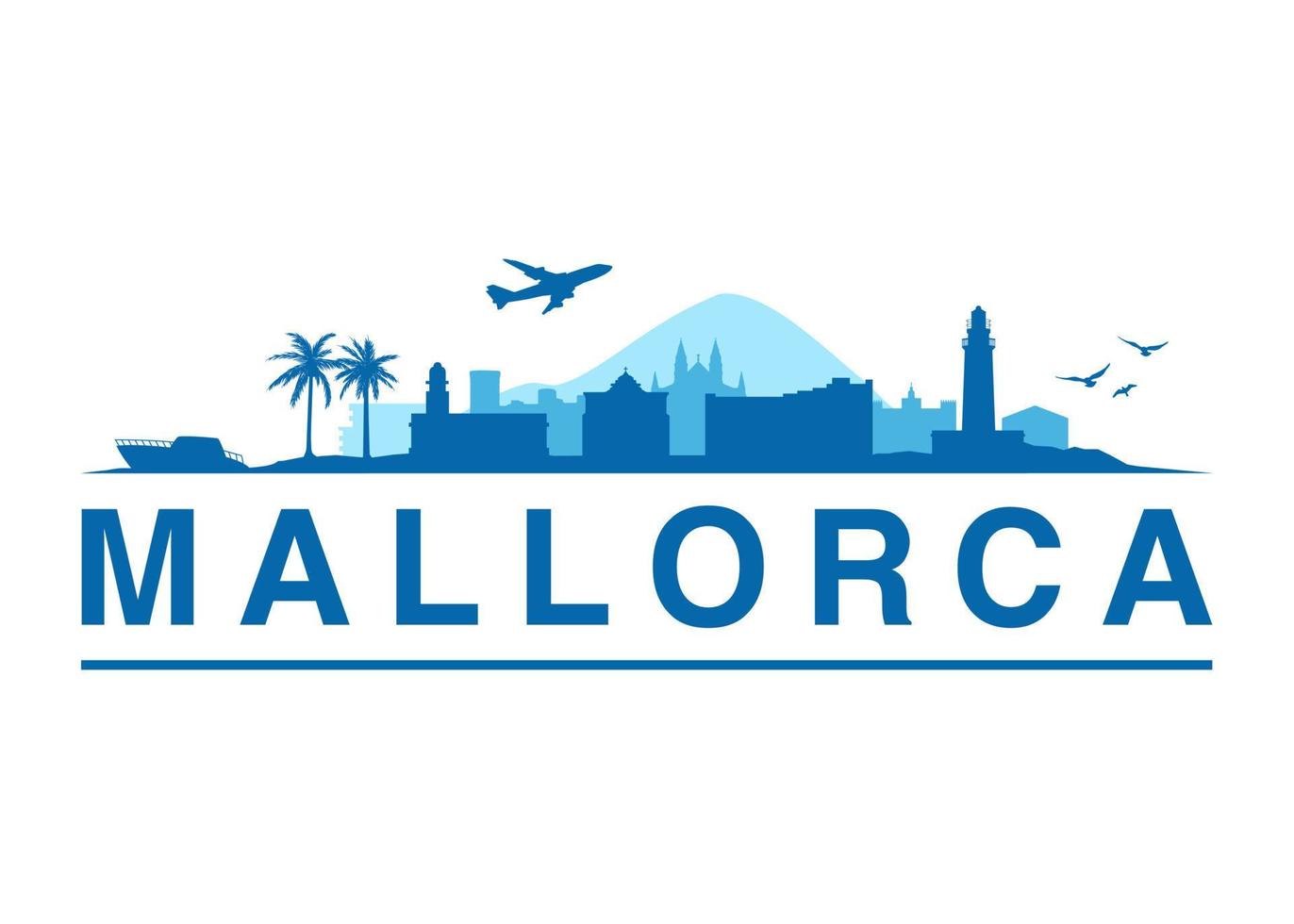 Mallorca Spanish Tropical Island Landscape. Black Vector Graphic Silhouette Design for apparel, web and print