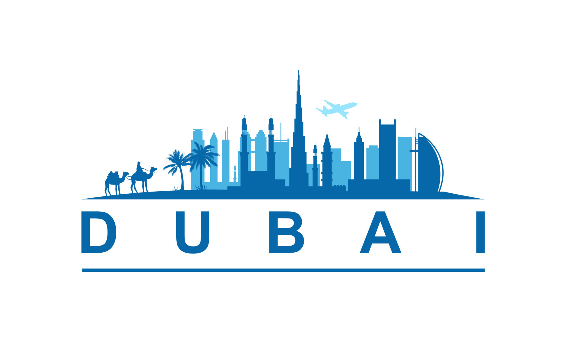 Dubai City Skyline Landscape Emirates Vector Graphic. Blue silhouette
