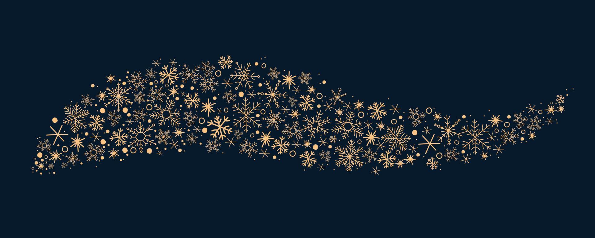 Gold snowflakes wave, swirl. Decorative winter background with hand drawn snowflakes, snow, stars, flake, design elements. Fantasy Snowstorm Illustration. Happy Winter Holiday Illustration Template vector