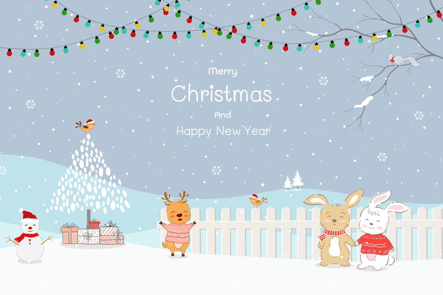 feliz navidad y próspero año nuevo tarjeta de felicitación con divertidos dibujos animados conejos animales celebrar fiesta en invierno vector