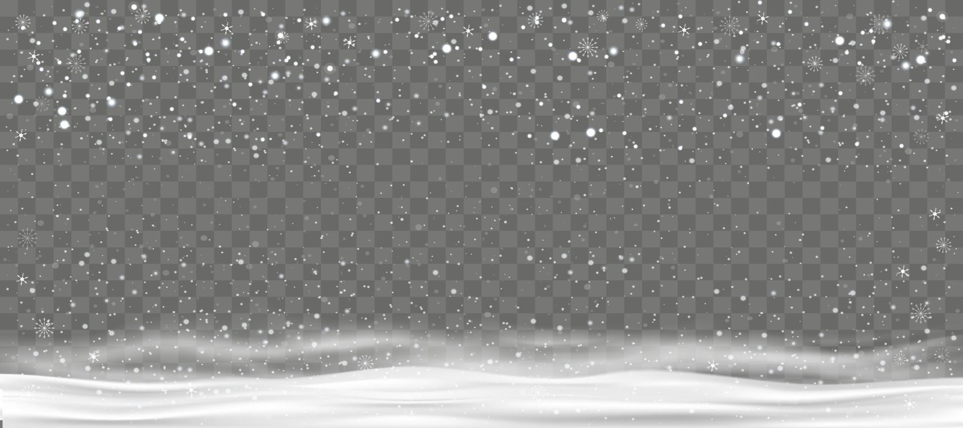 fondo de invierno con nieve cayendo sobre fondo transparente, pancarta de navidad vectorial con copos de nieve en diferentes formas en ventisqueros.fondo de vacaciones para feliz navidad y feliz año nuevo 2023 vector