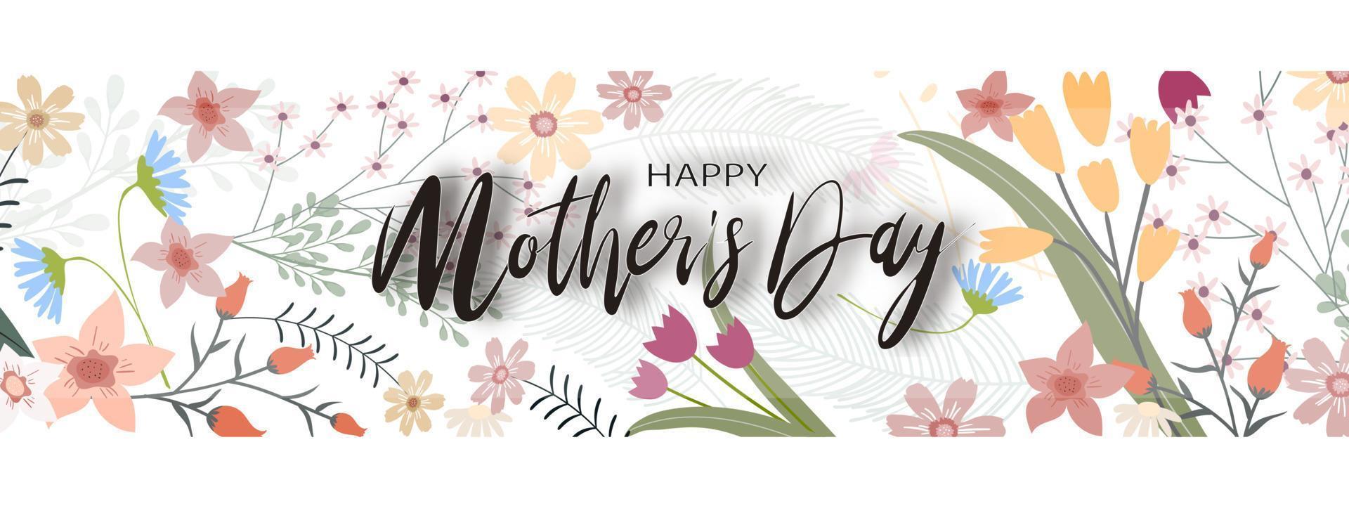 Mother's day banner with Spring flowers border on White background, Vector illustration Horizontal Backdrop of Cute Blooming Flora Frame, Flat design of Beautiflu Botanical