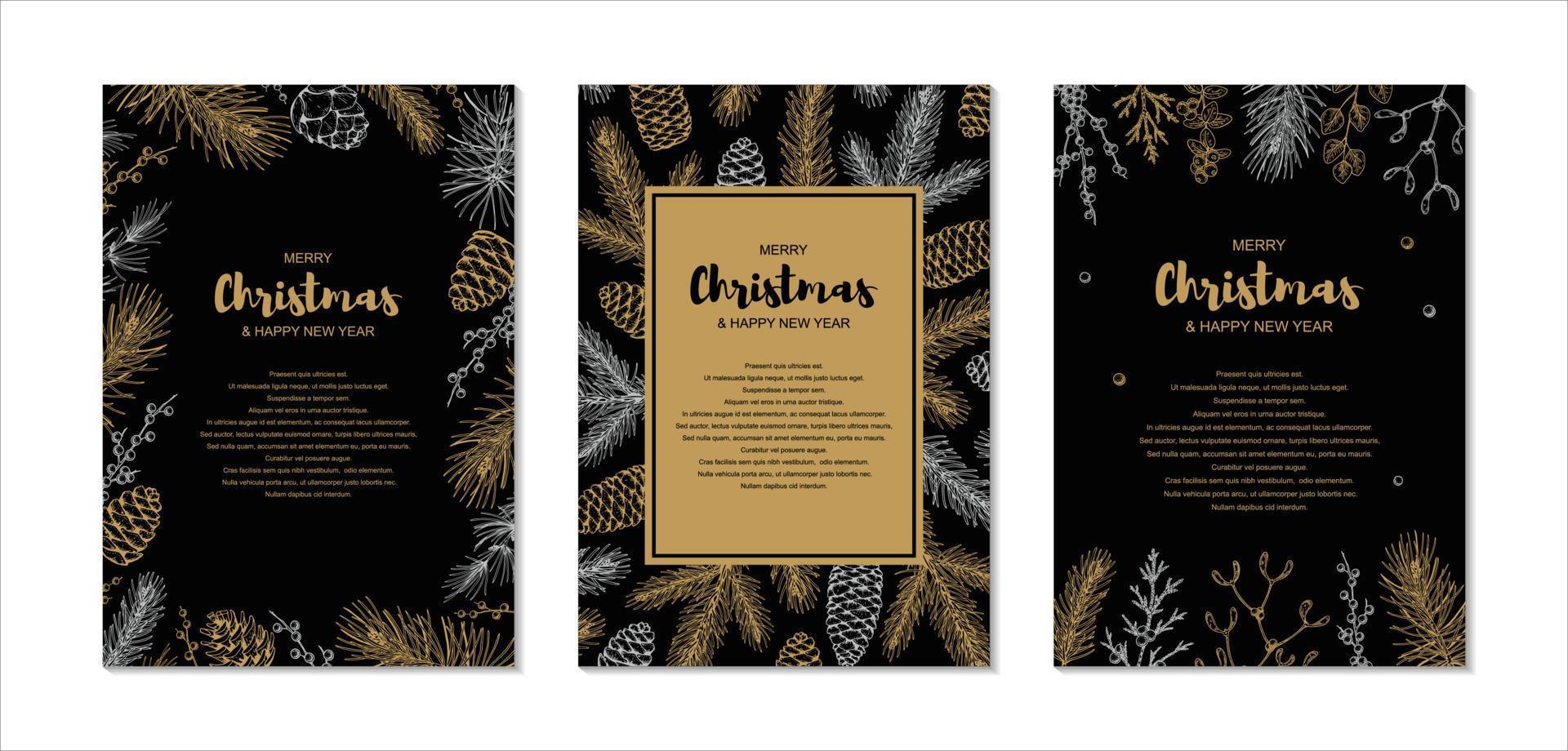 Set of Merry Christmas and Happy New Year vertical invitation templates and greeting cards with hand drawn golden evergreen branches and cones on black background. Vector illustration in sketch style