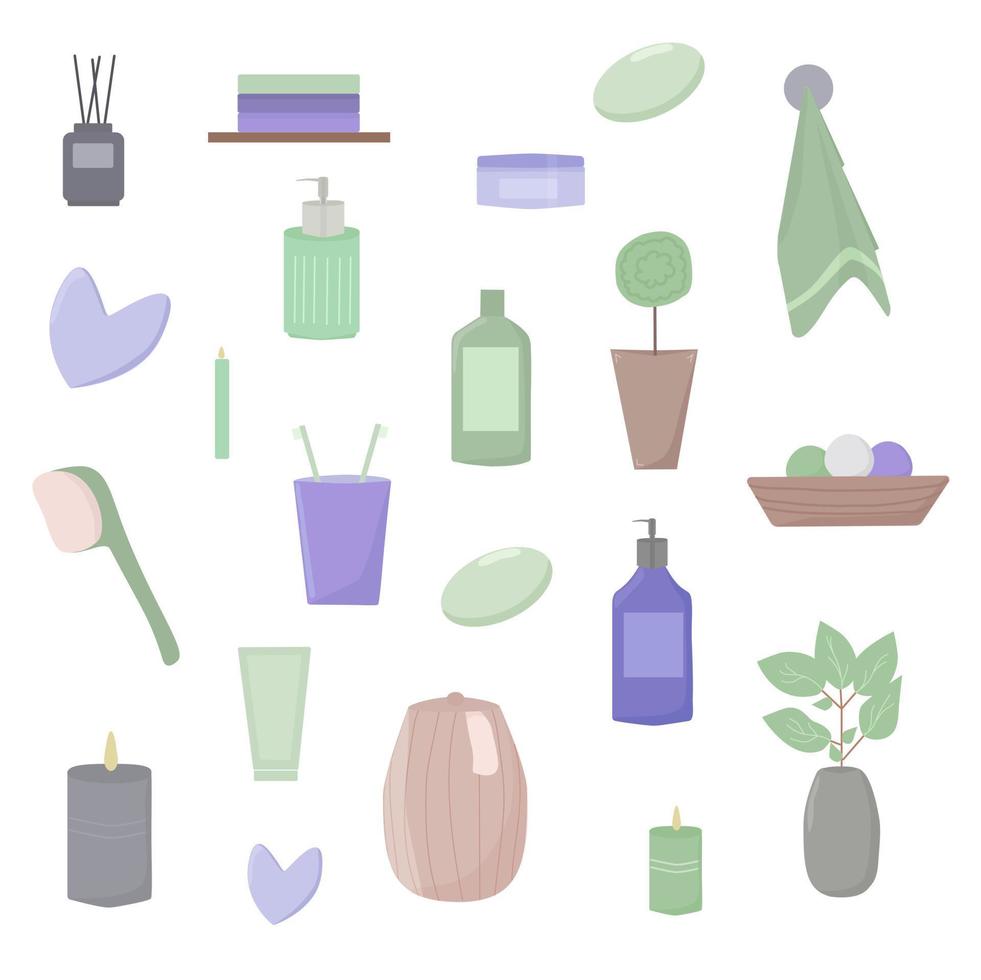 Set of bathroom elements. Cleansing products. Towels, plants, soap, candles. Vector set