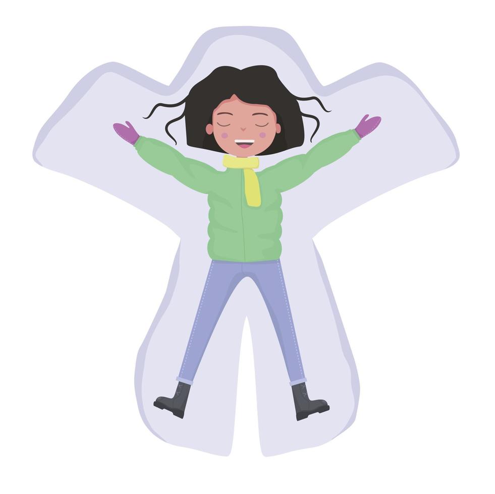 Snow angel. Girl lying down on snow. Vector illustration isolated on white background.