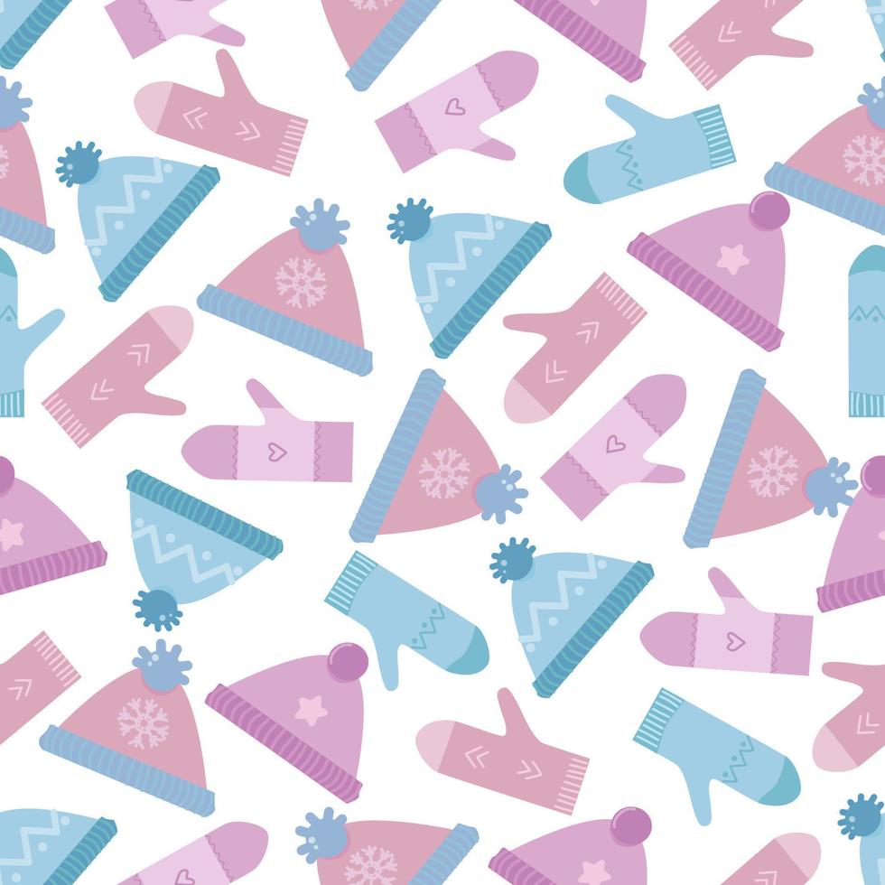 Winter hat and gloves seamless pattern isolated on white vector