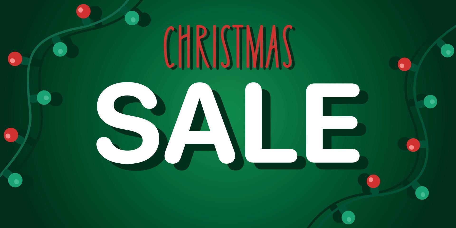 Christmas sale vector banner, green background and garland light