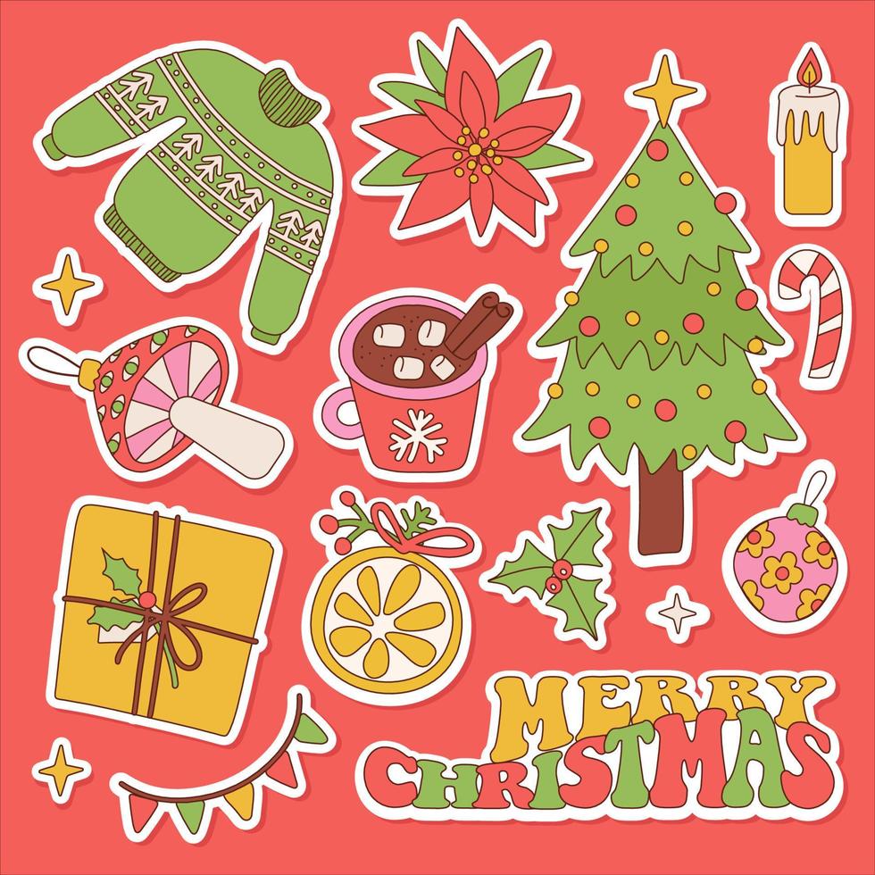 Merry Christmas groovy retro 70s sticker set of cute elements. Hippie holiday collection clip art in linear hand drawn style. Christmas tree, sweater, gifts trendy objects collection. Vector design.