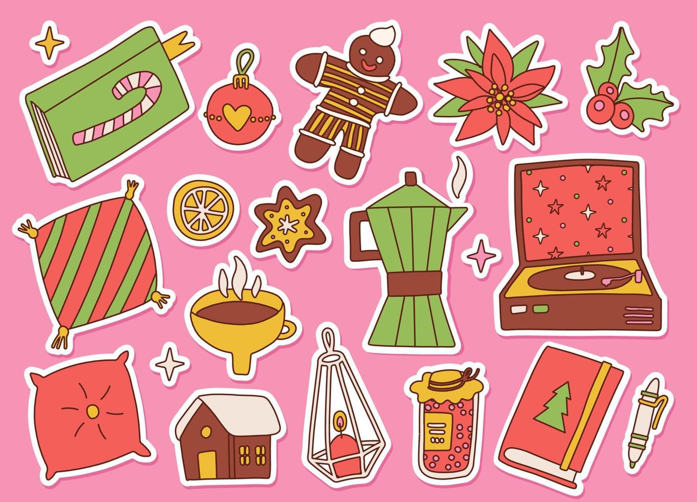 colección de pegatinas de feliz navidad y feliz año nuevo en estilo retro de los años 60 y 70. maravillosos elementos de vacaciones de invierno. iconos de navidad hippie positivos. cosas acogedoras de casa vintage. ilustración vectorial continua vector