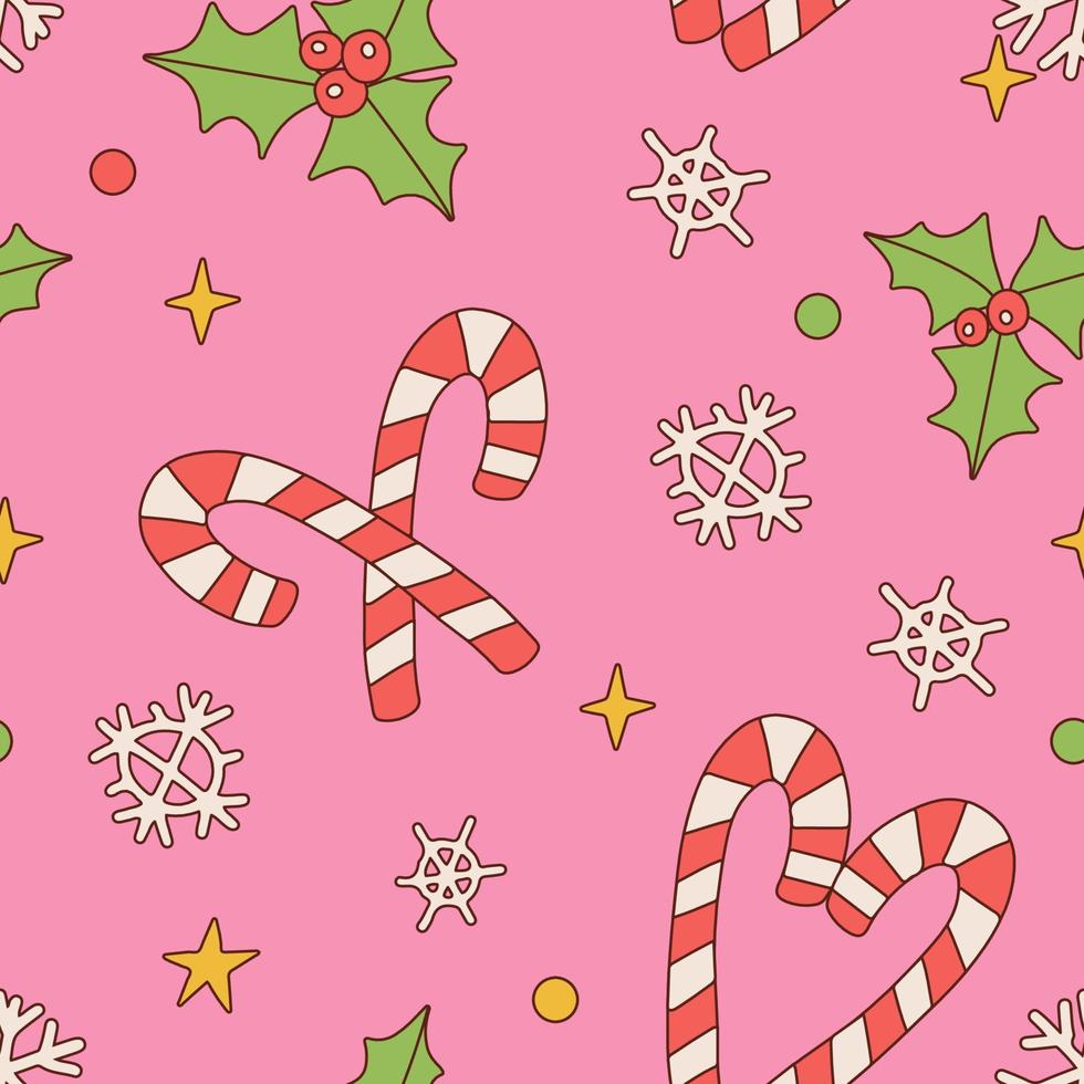 maravillosos dulces de navidad bastón de caramelo, acebo, copos de nieve vector de patrones sin fisuras. hippie retro 60s 70s fondo de dulces de navidad para papel de regalo de temporada festiva. ilustración vectorial