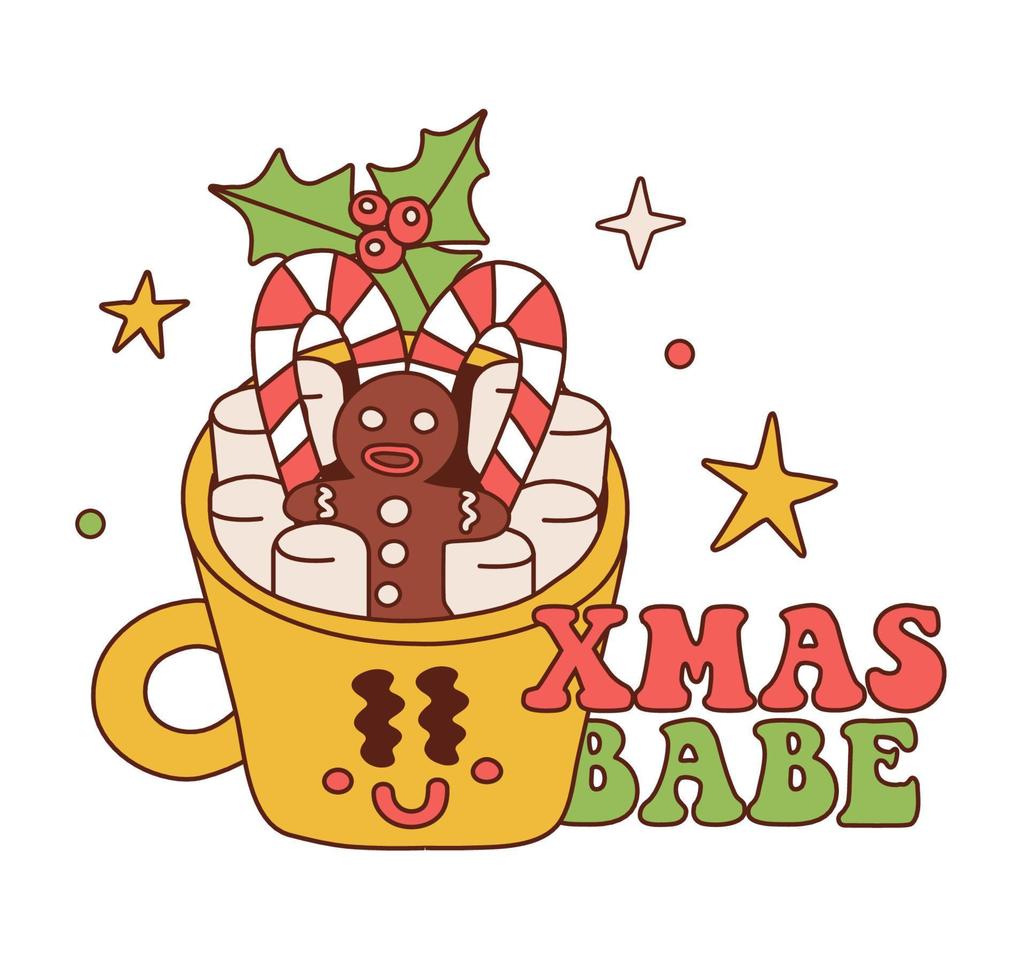 Cartoon Christmas isolated concept with mug of cocoa drink. Groovy hot chocolate cup character with candy cane, gingerbread cookie in 70s retro style. Christmas typography Xmas babe. Linear Vector