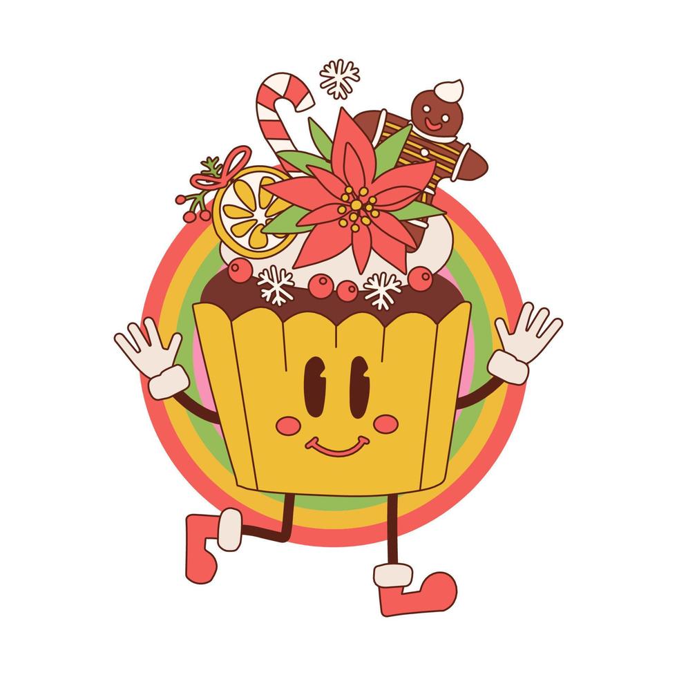 Groovy holiday cupcake mascot in retro cartoon style. Sweet cake for Christmas with festive decoration. Homemade baking. 70s Vibrant hand drawn sticker. Hippie Element for postcard. Vector design.
