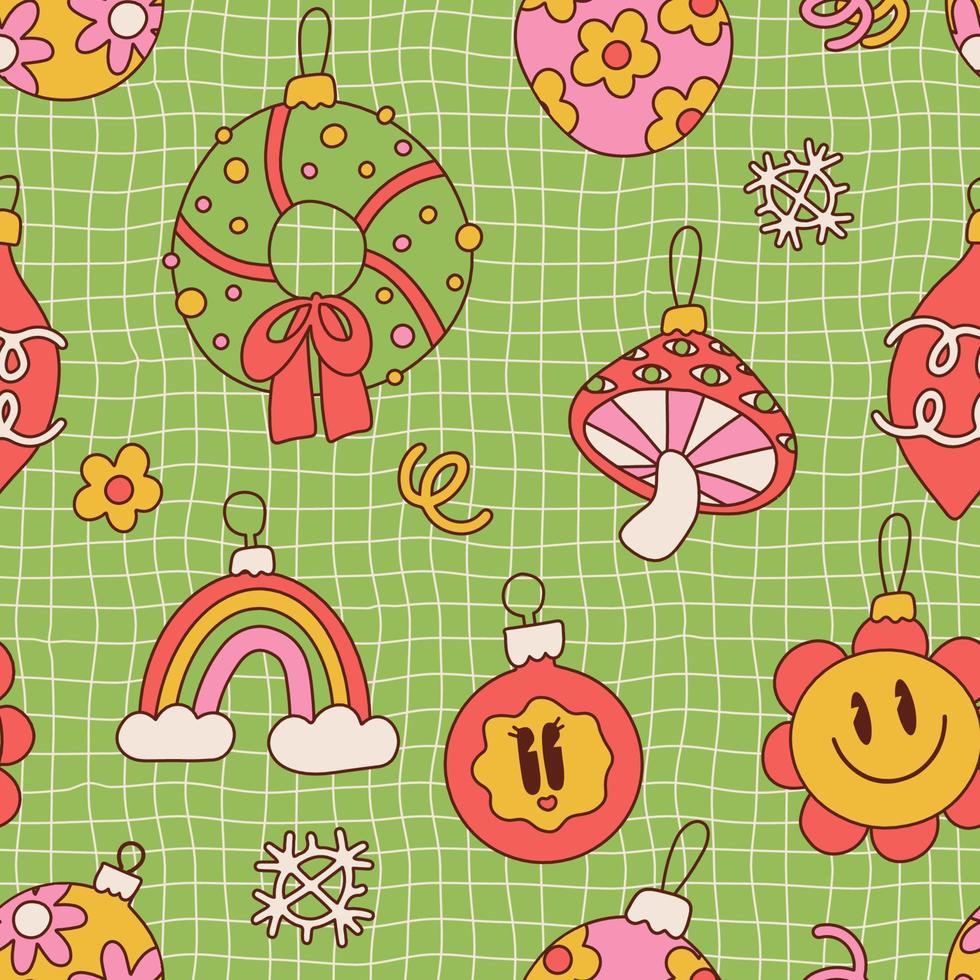 Groovy Christmas tree bauble toys seamless pattern. 70s retro Xmas New Year ornaments on checkered background. Holiday festive season surface design. Vector contour illustration.