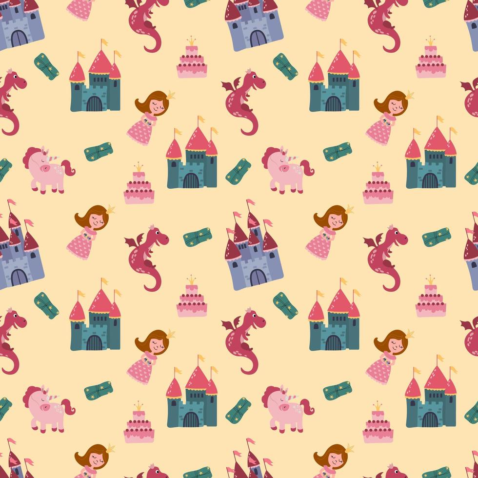 Seamless pattern with princess, castle, dragon and unicorn. Design for fabric, textile, wallpaper, packaging. vector