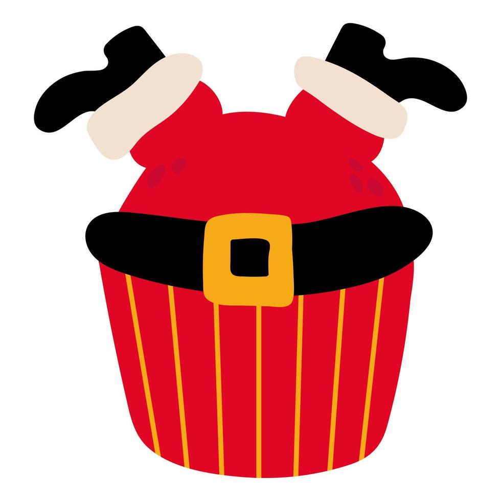 Christmas cupcake with Santa Claus feet. White background, isolate. Drawn style. Vector illustration.