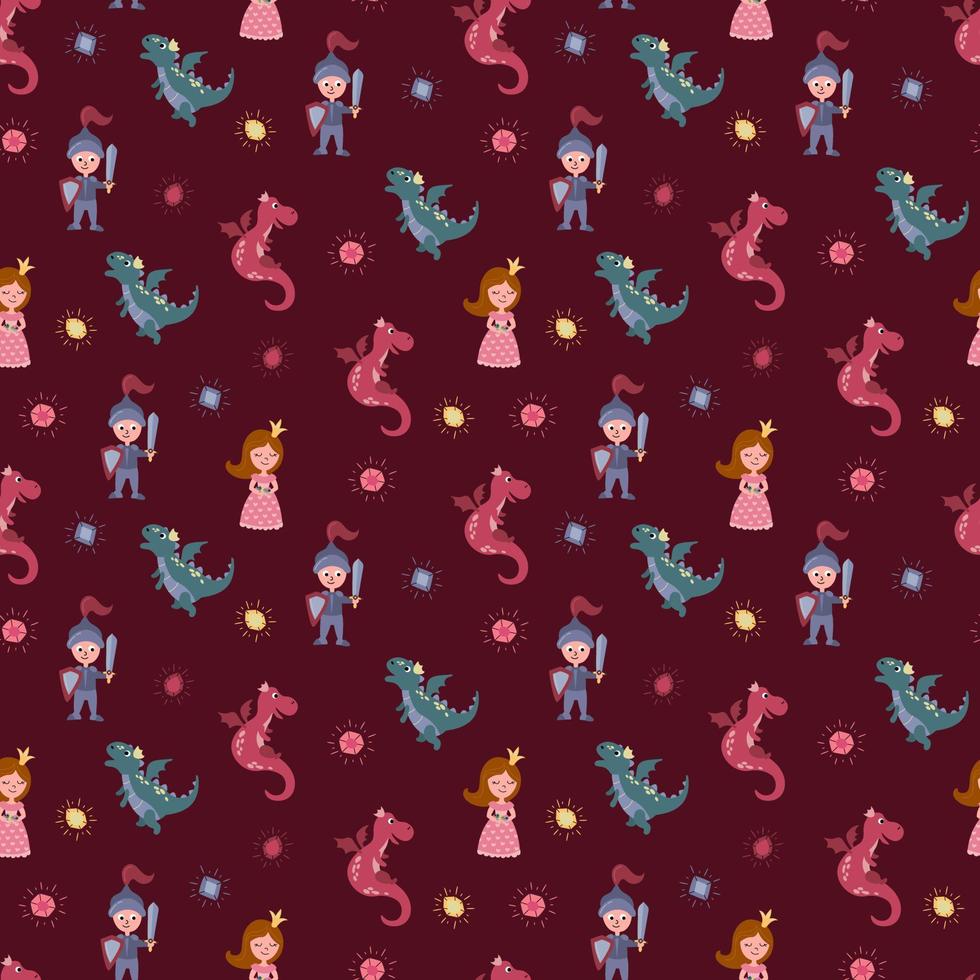 Seamless pattern with princess, knight and dragon. Design for fabric, textile, wallpaper, packaging. vector