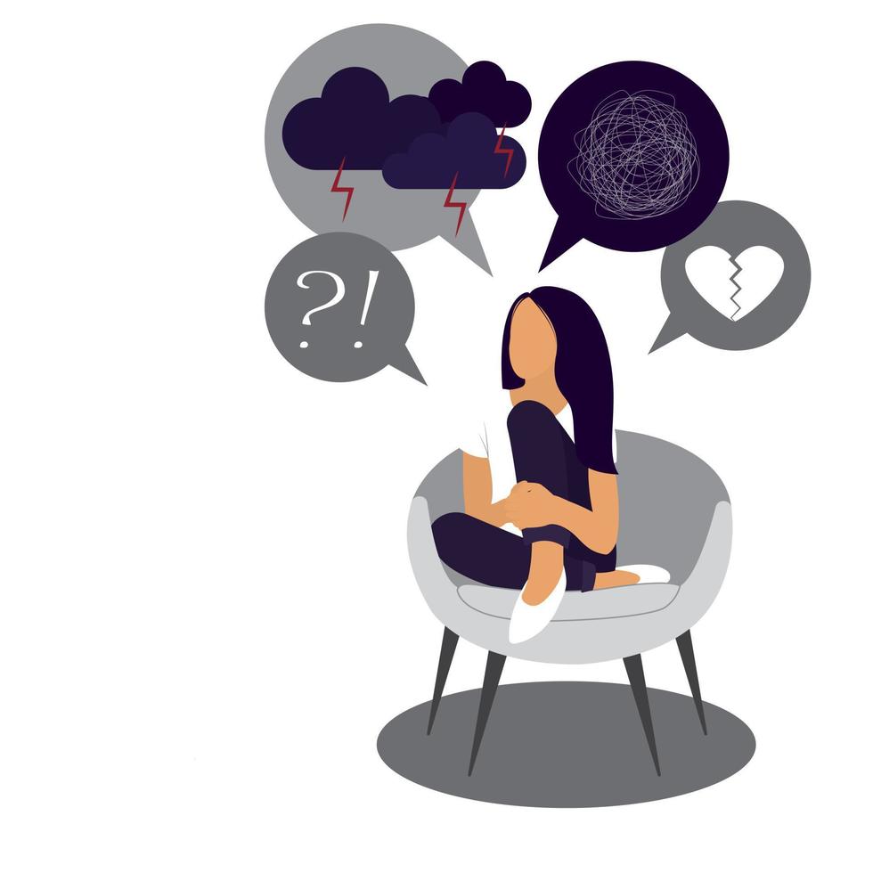 Depressed sad woman thinking over problems. Bankruptcy, loss, crisis, burnout syndrome, relationship trouble concept. Flat. Vector illustration on white background