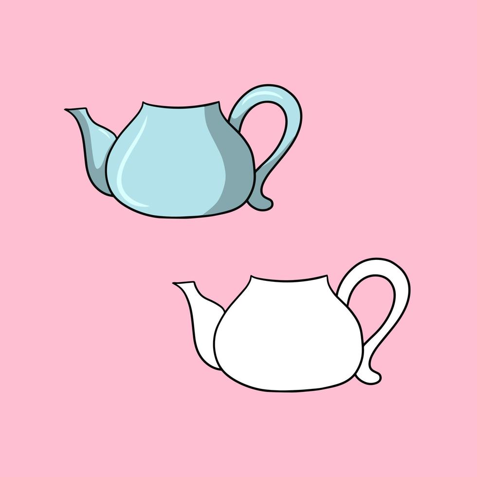 Set of images, round blue ceramic teapot for brewing tea, vector illustration in cartoon style on a colored background