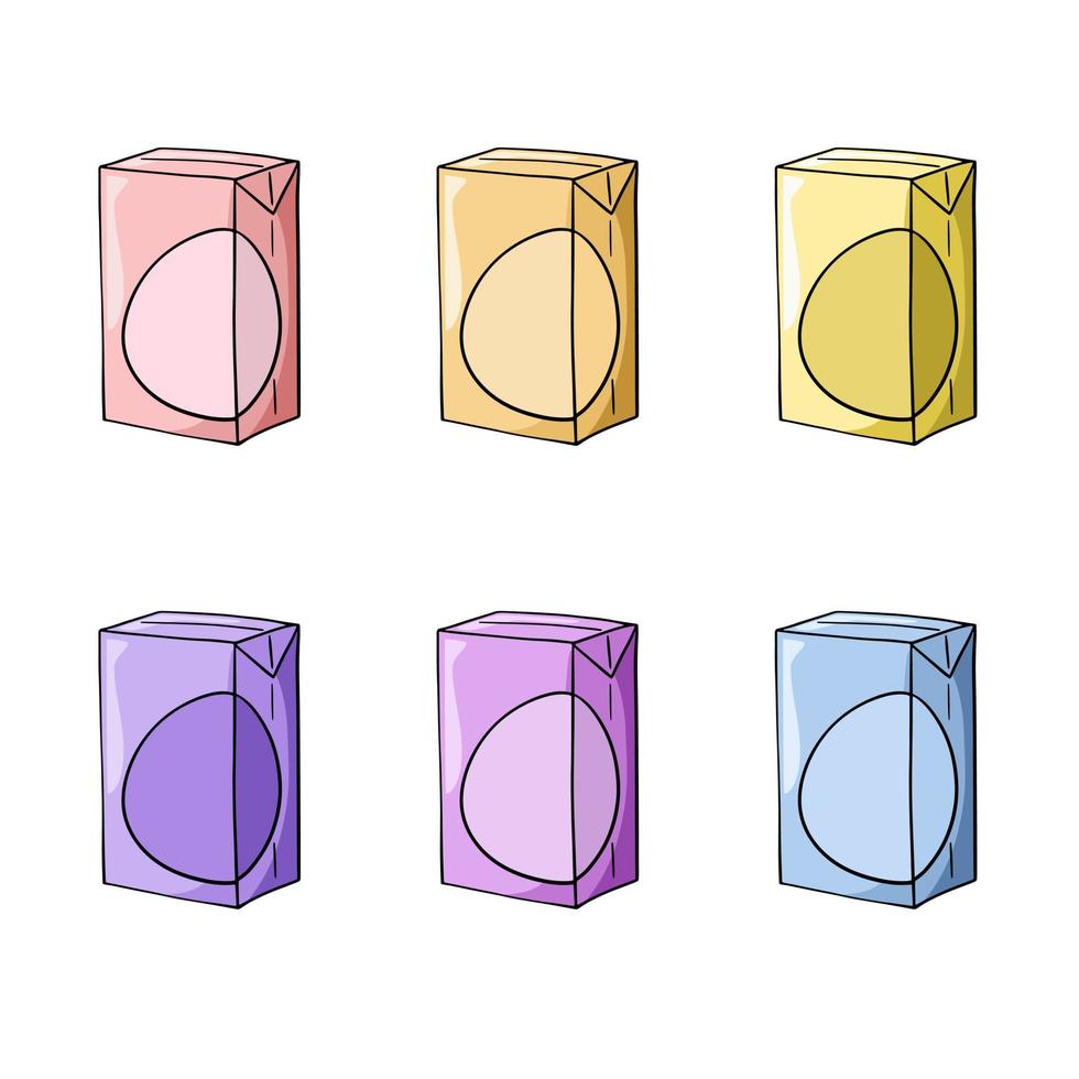 A set of colored icons, Rectangular packaging of milk, juice, copy space, vector in cartoon style on a white background